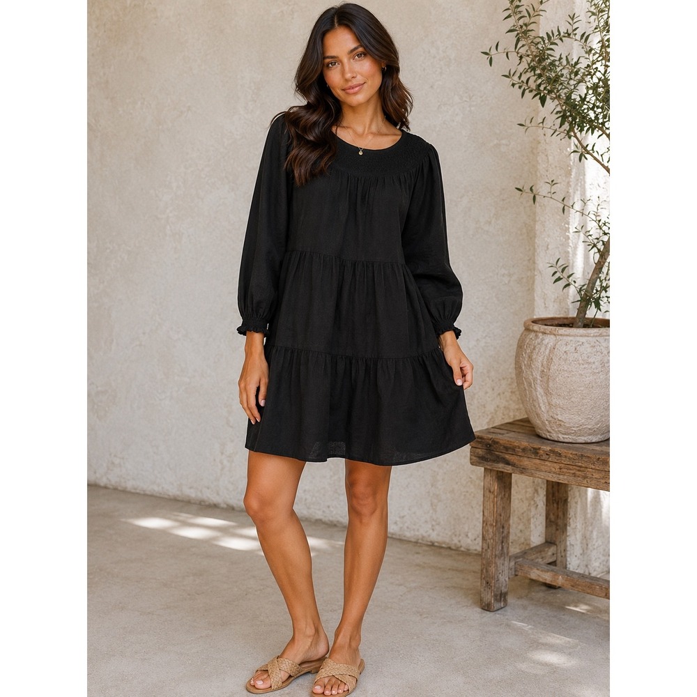 Old Navy Womens Black Smocked Tiered Long Sleeve Mini Dress Small Swing Babydoll